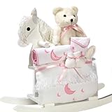 IMAGE OF White Rocking Horse with New Baby Girl Gift Set - Great Shower Gift Idea for Newborns