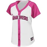 MLB Women's Seattle Mariners Short Sleeve 5 Button Synthetic Replica Baseball Jersey (White/Pink Splash, X-Large)