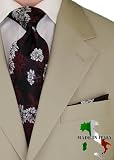 Berioni Hand Made in Italy 100% Woven Silk Mens Neck Tie + Pocket Square Jacquard Woven Tie and Hanky Set Black Red White G3