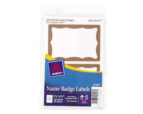 Avery Gold Border Name Badge Labels, 2.343 x 3.375 Inches, Pack of 100 (05146)