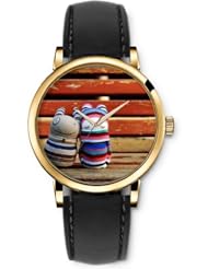 SPRAWL Aanalog Fashion Series Gold Ladies Watches of Genuine Black Leather Strap,Unique Wrist Watch for Women Girls Designed with Cute dolls on bench