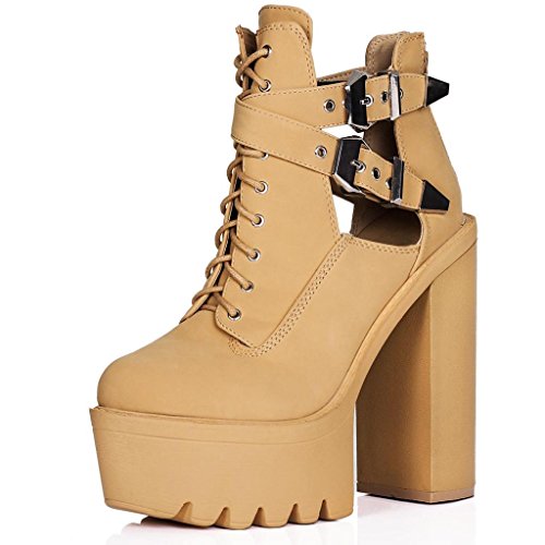 Block Heel Lace Up Buckle Cut Out Platform Ankle Boots Tan Synthetic Leather US 6