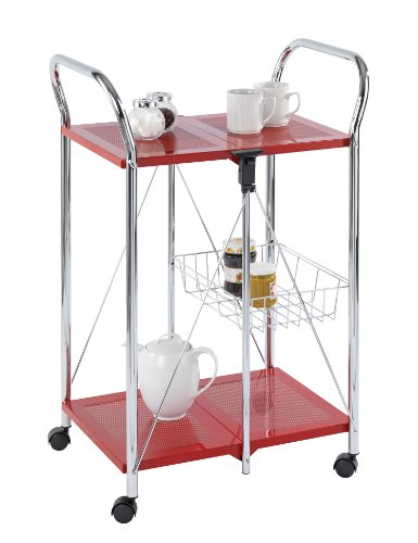 WENKO 900020100 Beistell- und K&uuml;chenwagen Sunny - zusammenklappbar, Ablagekorb, Chrom, 60 x 90 x 44 cm, rot