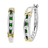 Sterling Silver and 14k Gold Emerald and White Sapphire Hoop Earrings