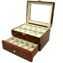 Watch Box for 20 Watches Burlwood Finish Glass Window Extra Clearance Gold Tone Hardware Latch