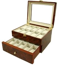 Watch Box for 20 Watches Burlwood Finish Glass Window Extra Clearance Gold Tone Hardware Latch