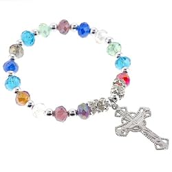 Religious Bracelet with Multicolor Rondell Faceted Beads and Crucifix- 5'' Overall Length - 7'' Stretchy Bracelet