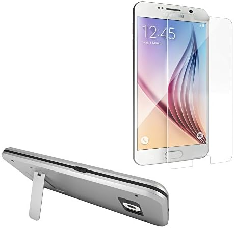 The S6 Survival Kit (Case + Screen Protector) - 2-Piece Set - Heavy Duty Samsung Galaxy S6 Case w Kick-Stand and Tempered Glass Screen Protector - Shockproof Protective Rugged Case w Dual Layer Protection Cover - Silver by Comveo