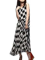 Elasticized   Waistline Chiffon/Polyester Sleeveless Checkered Print Plaid Print Round Neck Maxi Dress 