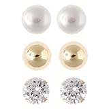 10k Gold Round Cubic Zirconia, Pearl and Gold Ball Stud Earrings, Set of 3