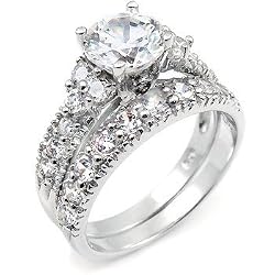Sterling Silver Cubic Zirconia CZ Wedding Engagement Ring Set