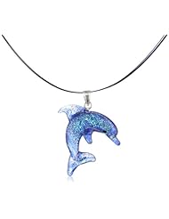 Sterling Silver Dichroic Glass Blue Dolphin Lampwork Pendant Necklace on Stainless Steel Wire, 18"
