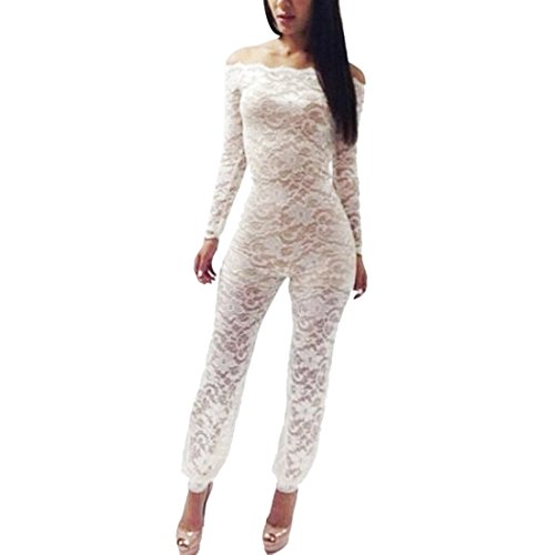 Elegant New Women Lace No Liner White Sheer Sexy Long Sleeve Boat Neck Jumpsuits