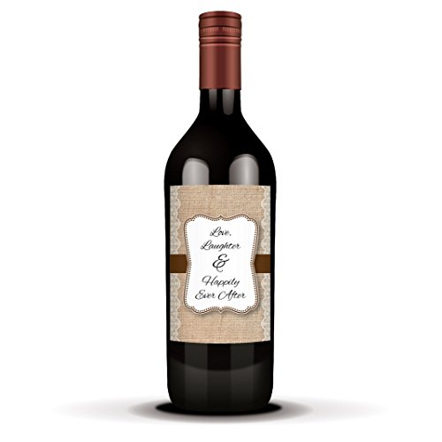12 Wine Labels | Burlap and Lace | Love, Laughter, and Happily Ever After (Chocolate Brown)