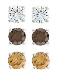 Platinum Plated Sterling Silver Round Cubic Zirconia Stud Earrings Set in Clear, Champagne and Chocolate Brown