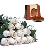 Mother's Day Flowers and Treats - One Dozen White Roses with Free Box of French Chocolate Truffles