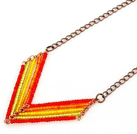 Boho V Necklace Beaded Red Orange Yellow and Green Chevron Jewelry, Copper Chain, 3 Lengths Available