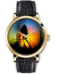 SPRAWL Aanalog Fashion Series Gold Ladies Watches of Genuine Black Leather Strap,Unique Wrist Watch for Women Girls Designed with Butterfly on a bud