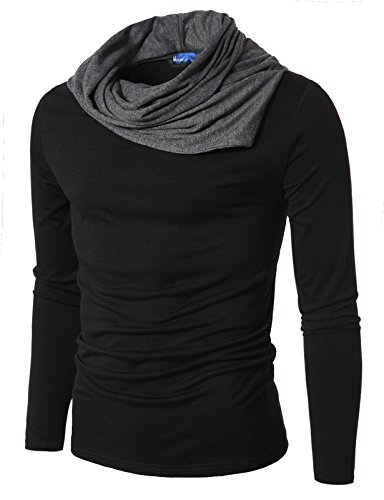 Doublju Mens Turtle Neck with Shirring Detail Black Small