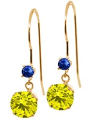 1.26 Ct Round Canary Diamond Blue Sapphire 14K Yellow Gold Earrings