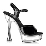 5 1/2 inch Cone Heel Ankle Strap Platform Sandal Black Patent /Clear