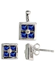 Sterling Silver Square-shaped Stud Earrings (6.5mm) & Pendant (11mm tall) Set, w/ Princess Cut Blue Sapphire-colored CZ Stones