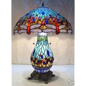 American Stained Glass Blue Handcrafted Dragonfly Tiffany Table Lamp Lamps with Lit... by Lifetime International Inc