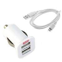 EZOPower White High Output Dual USB Car Charger-1A/2.1A/3.1A Output Ideal, White Micro USB Data Cable