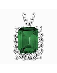 14K White Gold Emerald Cut Chatham Created Emerald and Diamond Pendant -- LIFETIME WARRANTY
