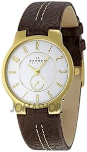 Skagen Casual Gold-tone Steel Mens Watch with Brown Leather Bracelet 433LGL1