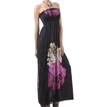 Two Flowers on Solid Black Graphic Print Beaded Halter Smocked Bodice Long / Maxi Dress ( 3 Colors ) - Clearance Sale !