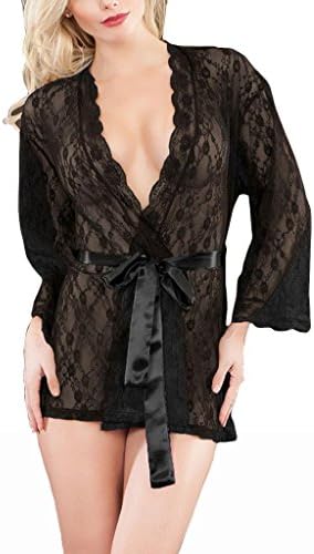Mekoii Women's Floral Lace Night Gown Set (Black)