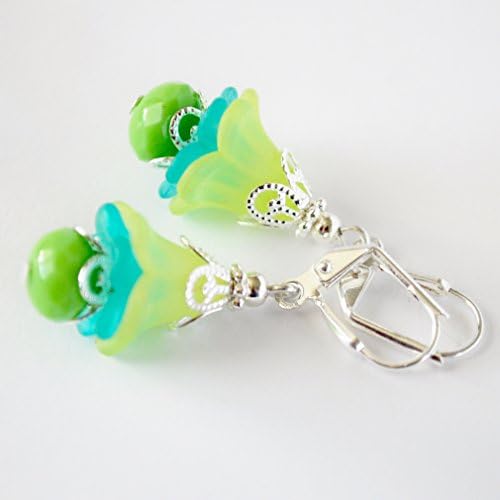 Lime Green and Teal Blue Frosted Flower Earrings in Silver