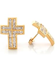 14k Yellow Gold White CZ 1.95cm x 1.50cm Traditional Christian Cross Post Earrings