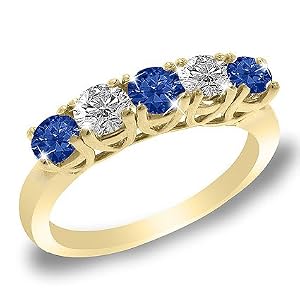 5 Stone Round Blue Sapphire & Diamond Bague de Fiançailles en Or Jaune 585/1000 (1/2 cttw) - La Taille 52