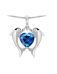 Original Star K (tm) Kissing Love Dolphins Pendant With 8mm Heart Shape Simulated Blue Topaz in 925 Sterling Silver