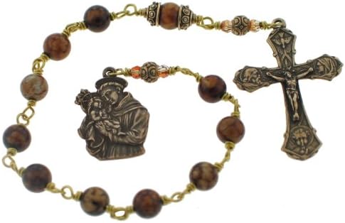 St Anthony and Child Jesus Chocolate Crackle Agate Gemstone &amp; Swarovski Crystal Handmade Bronze Wire-Wrapped Catholic Patron Saint One-Decade Pocket Prayer Rosary