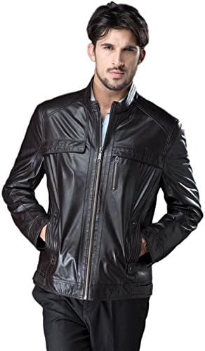 Erechtheus Men's Mao Collar Genuine Leather Jacket (Large, Brown)