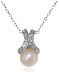 Sterling Silver, Freshwater Cultured Pearl (8-8.5mm), and Diamond Pendant Necklace (0.05 cttw, G-H Color, I2-I3 Clarity), 18"