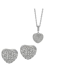 BRI Jewelry Sterling Silver Heart W/ Clear Micropave Cubic Zirconia 12mm Pendant and Post Earring