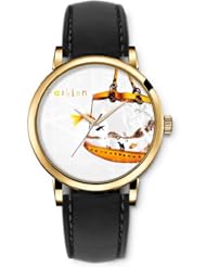 SPRAWL Aanalog Fashion Series Gold Ladies Watches of Genuine Black Leather Strap,Unique Wrist Watch for Women Girls Designed with Fishbowl -shaped bag