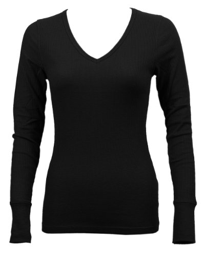 Ladies Black Long Sleeve Thermal Top V-Neck