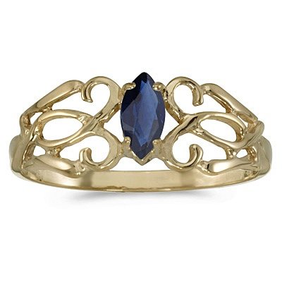 Marquise Blue Sapphire Filigree Ring Antique Style 14k Yellow Gold
