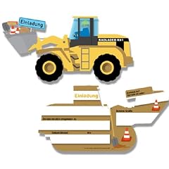 Einladungskarten in Radladerform, 6 St�ck, f�r Kinder Mottoparty // Baustelle Bauarbeiter Radlader Bagger Einladung Karte Geburtstag Party
