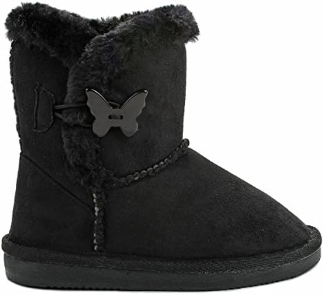 Kids Girl Sunny Shoes Black Butterfly Buttons Faux Fur Lined Shearling Winter Ankle Boots-4