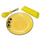 Garlic Grater Set (garlic grater, silicone peeler, brush) - Yellow with Olive Motif