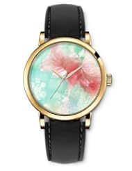 SPRAWL Aanalog Fashion Series Gold Ladies Watches of Genuine Black Leather Strap,Unique Wrist Watch for Women Girls Designed with Light pink flower in water drops
