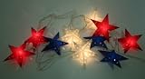 American Red White Blue Star String Light Set - 10 Lighted Stars