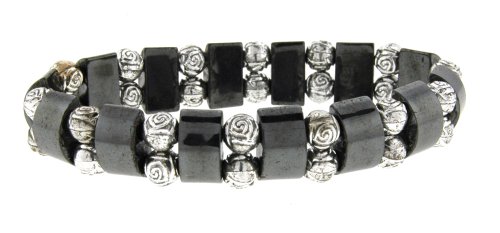 Hematite Bracelet - Tanker with Silver Colored Roses