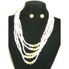 Click here to buy Five Strand Ivory Pearl Necklace Separated By Gold Color Beads and Earrings for Women and Teens... by Gita.
